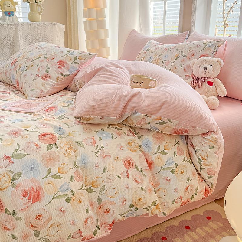 Class A maternal and infant grade, jacquard aerobic colored cotton, skin-friendly, comfortable, simple and literary 4pcs set on the bed