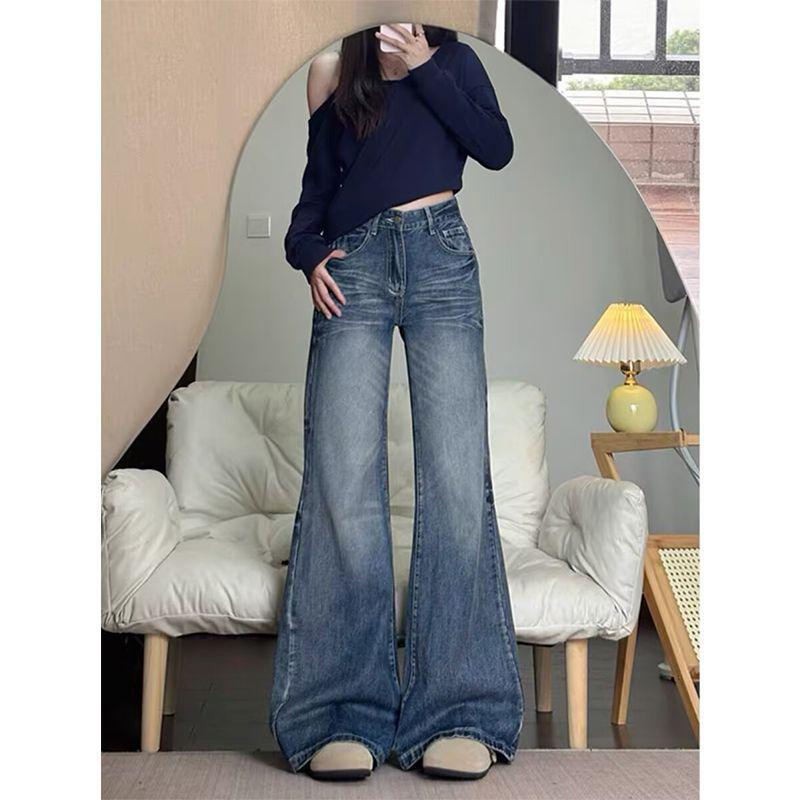 Women's Washed Retro Flare Jeans, Plus Size, High Waist, Floor-Length, Slimming, Versatile, Loose Straight-Leg Pants