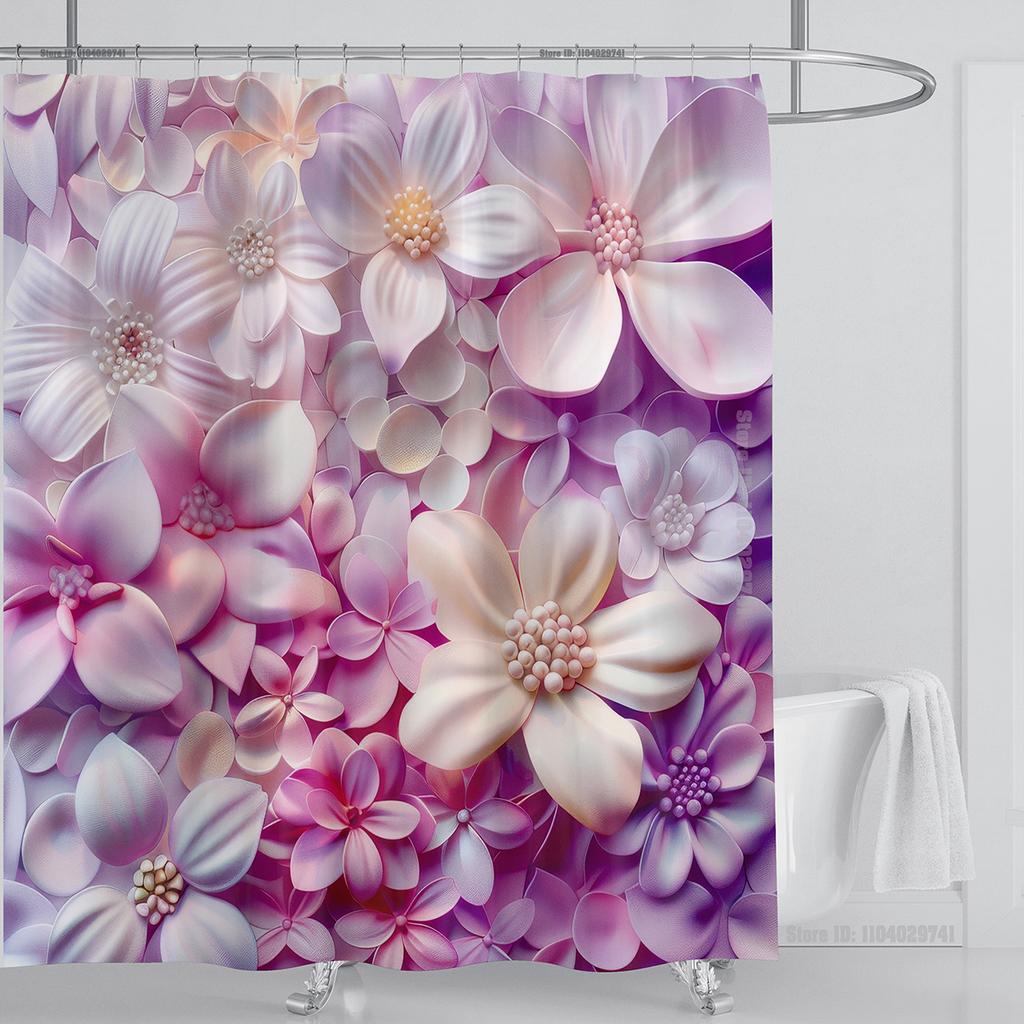 3D Red Floral Shower Curtain Set Pink Flower Design Fabric Bathroom Decor Waterproof Washable Shower Curtain Set with Hooks