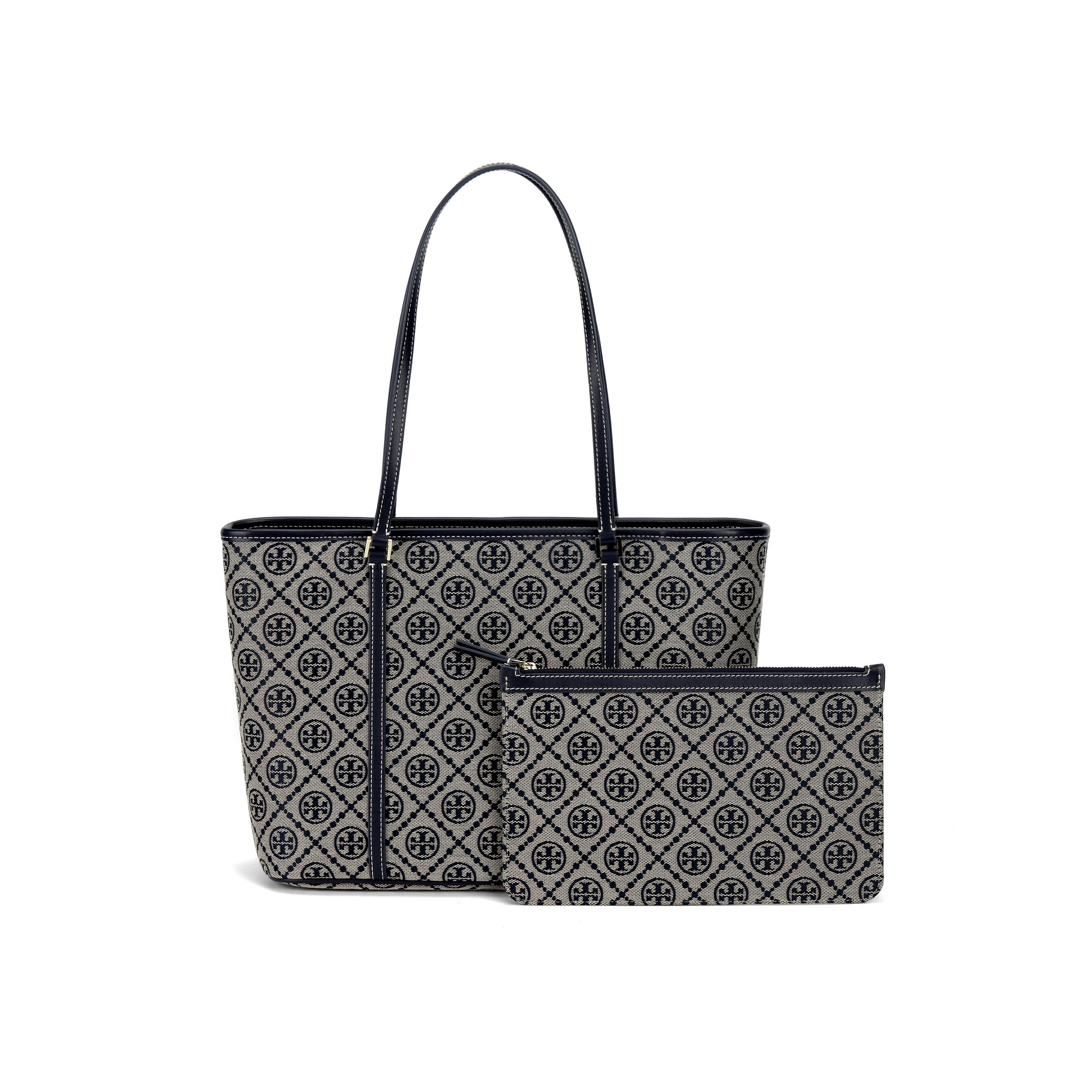 

Tory Burch T Monogram Logo Print Zipper Closure Fabric Tote Bag Women Tote Navy-Blue 166419-405 Basic Set (Bag+Dust Bag)