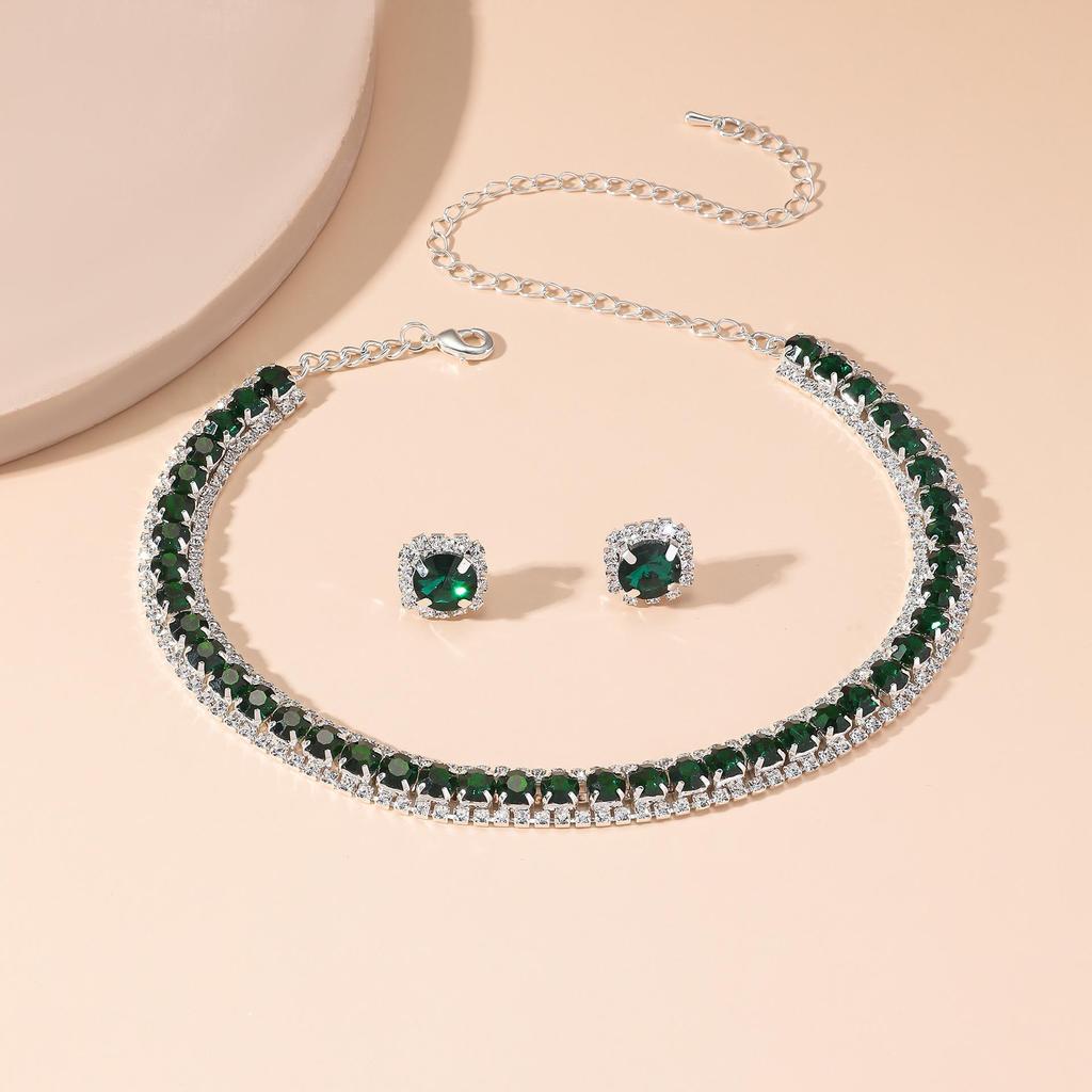 European & American Green Blue Choker Necklace & Stud Earrings Set for Women - Ideal for Weddings & Evening Dresses
