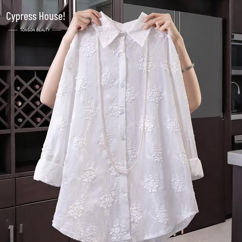 Sipai She Women s Embroidered Loose-Fit Long-Sleeve Lapel Shirt M