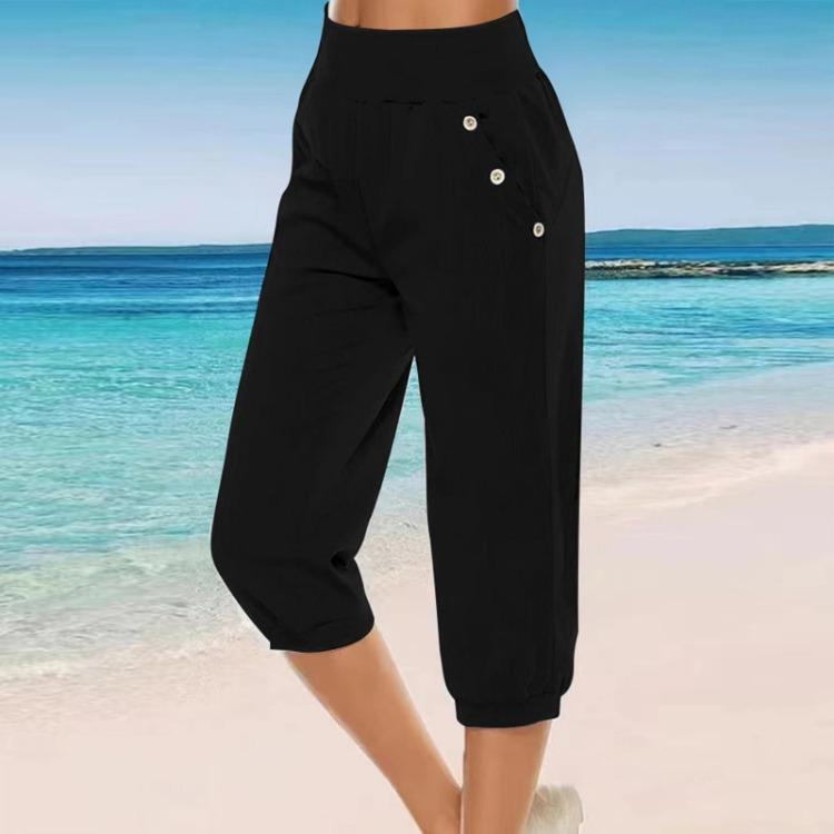

Women High Waist Cotton Hemp Casual Pants Solid Color Breathable Thin 7 Points Trousers Leg Corset XL чорний