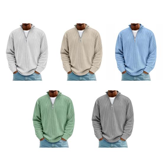 Men Quarter Zip Sweatshirt Long Solid Color Ribbed Sleeve Stand Collar Top Casual Loose Pullover Shirt