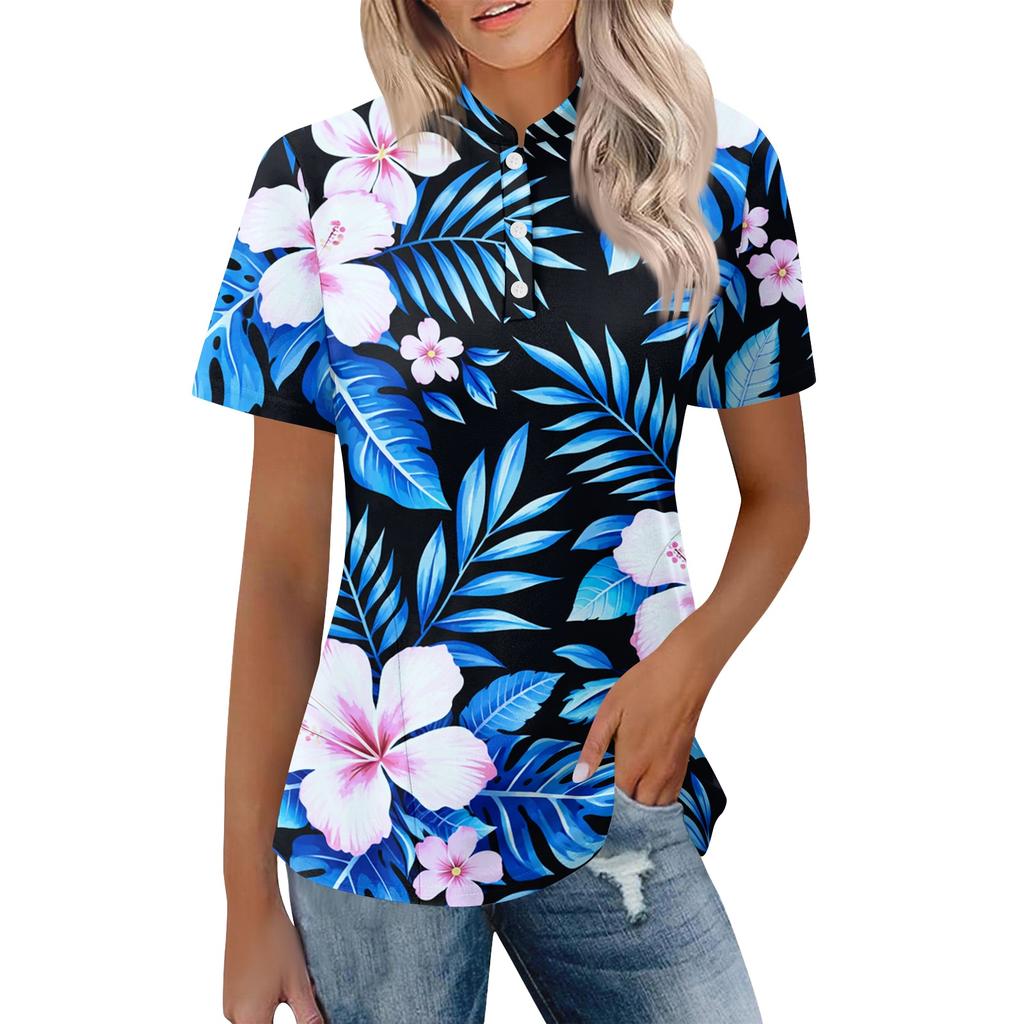 Women’s Casual Polo Neck Loose Fit Short Sleeve Top with Abstract Print and Button for Everyday Wear