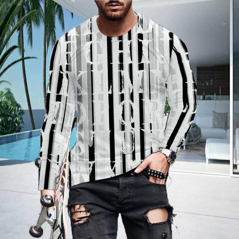 Long Sleeve Striped Men's Fashion T-Shirts Loose Casual Oversize Breathable Tops 3D Printed Letters Street Hip Hop Male Top Tee