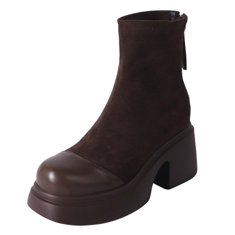 Dameskoletter Plattform Nye 2024 Tykksålede Blokkhæler Kort Støvlett For Damer Mote Flokk Svarte Høst Vinter Sko Kvinne