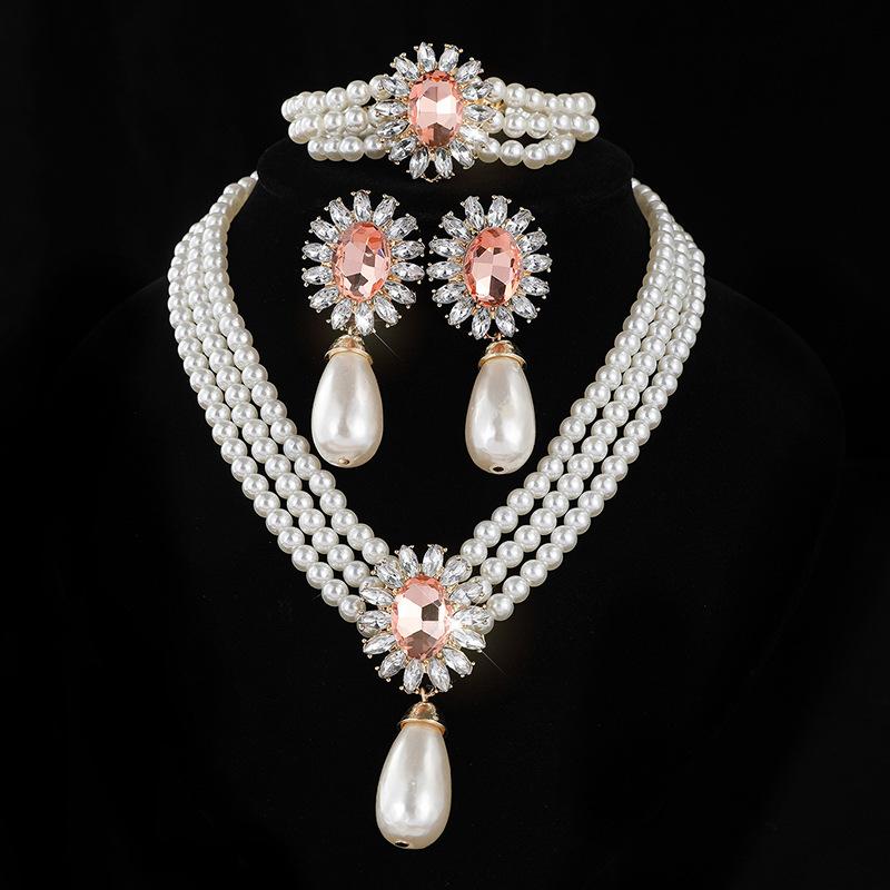 Water Drop Imitation Pearl Necklace Earrings Set Bridal Rhinestones Pearl Clavicle Chain Jewelry Women