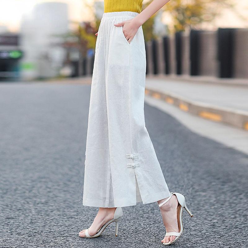 Korean Fashion Women Cotton Hemp Oversized Pants Spring Summer High Waist Solid Wide Leg Split Loose Straight Casual Trousers