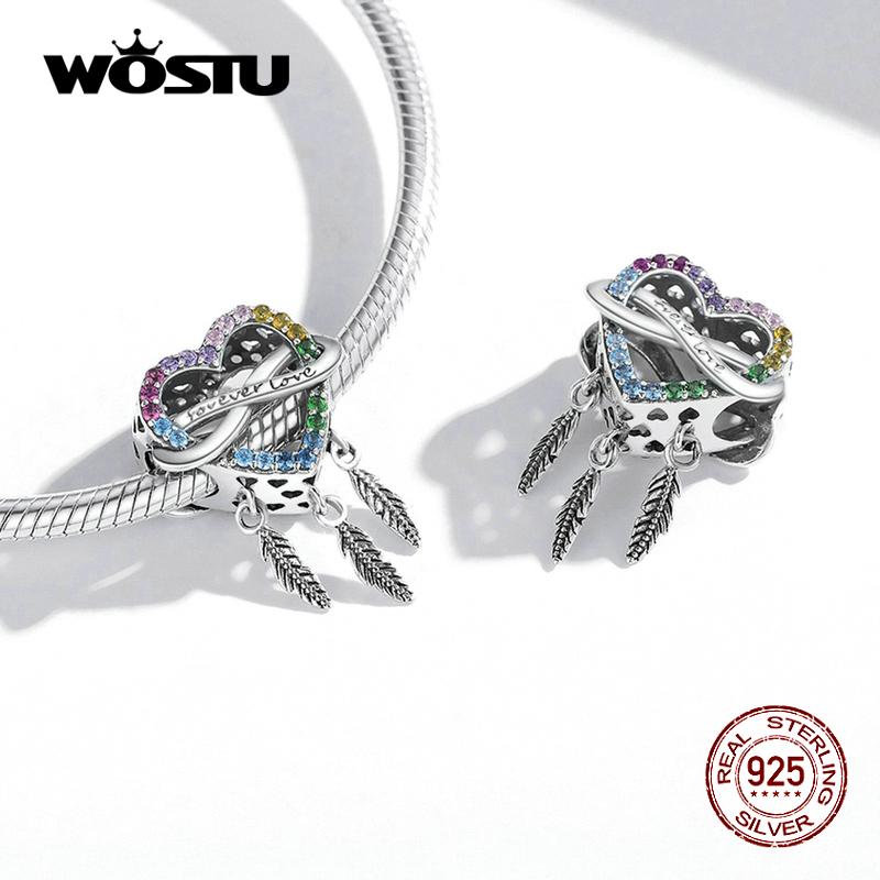 

WOSTU Pave красочные стразы в форме сердца Ловец снов из стерлингового серебра 925 пробы Шарм-бусина подходит для оригинального браслета DIY ювелирных украшений 925 silver
