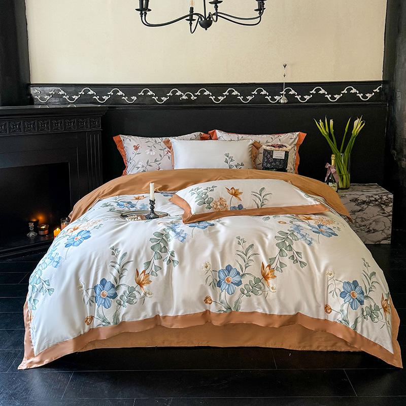 100-Piece Light Luxury Long-Staple Cotton Reactive Print 4-Piece Bedding Set with Wide-Edge Bed Sheet & Duvet Cover