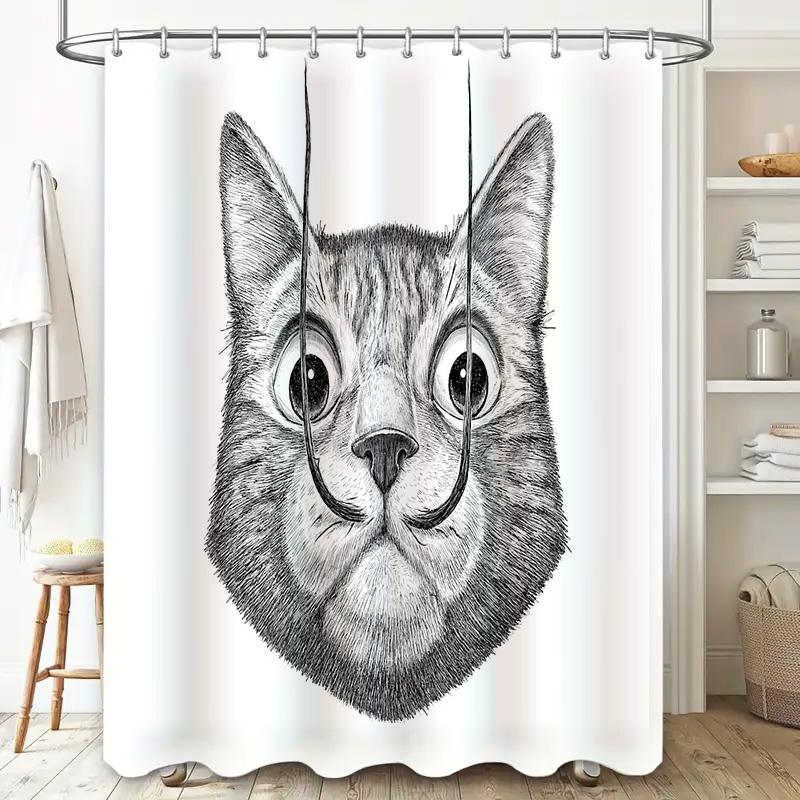 Cat Shower Curtain Artistic Pet Portrait Bathroom Decor Modern Farmhouse Liner Vintage Animal Illustration Home Decor Washable C