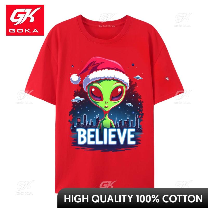 I Want To Believe Aliens Ufo Funny Alien Santa Hat Christmas Tshirts Fitted Male Top TShirts Design Casual Tops Tees Cotton S
