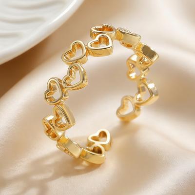 Women Ring Opening Adjustable Lightweight Finger Ring Golden Plated Hollow Heart Design Finger Band Jewelry Gift