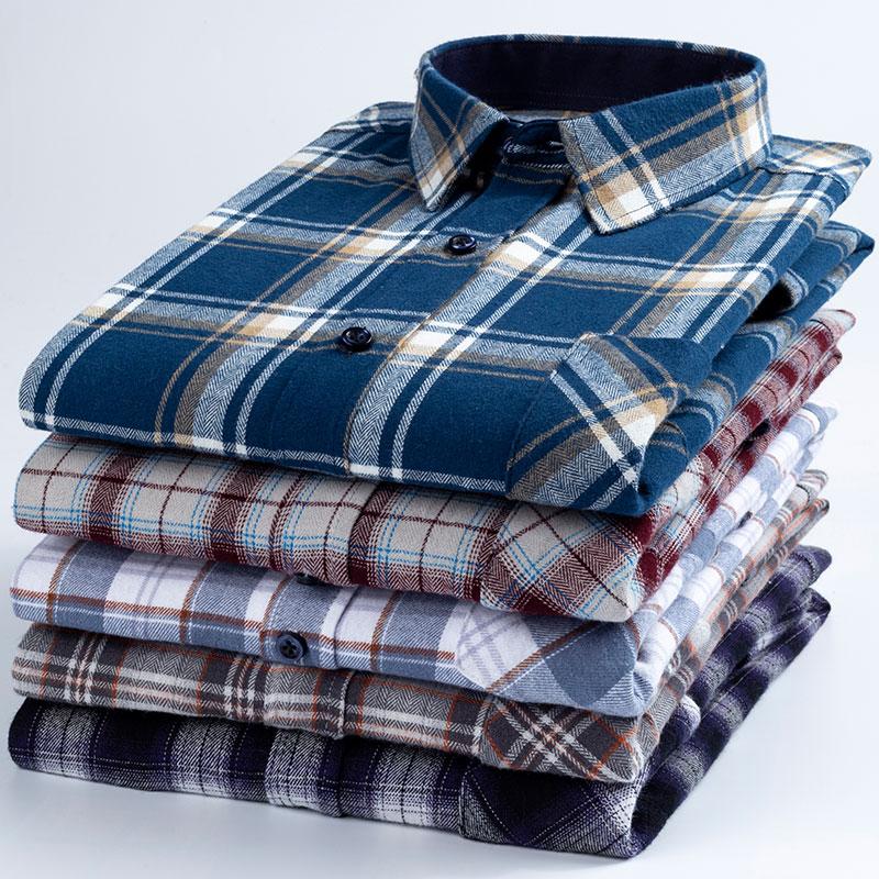 New 100% Cotton Brushed Long Sleeved Shirts for Men Slim Fit Formal Soft Plaid Casual Blouses Business Designer Checked Clothes
