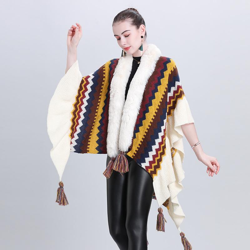 Imitation Cashmere Elegant Women Scarf Winter Ladies Fur Collar Striped Poncho Warm Female Capa Para Mujer Pashmina Wrap Shawl