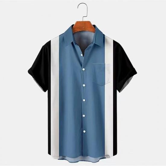 Men Casual Shirt Lapel Short Sleeve Single Breasted Shirt Loose Fit Hawaiian Style Button-Up Bowling Shirt