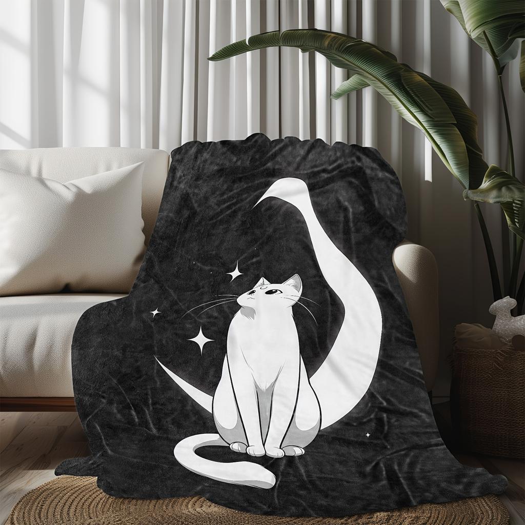One Comfortable Black and White Cat Moon Theme Flannel Blanket, Soft High-Definition Digital Print, Suitable for All Seasons! A