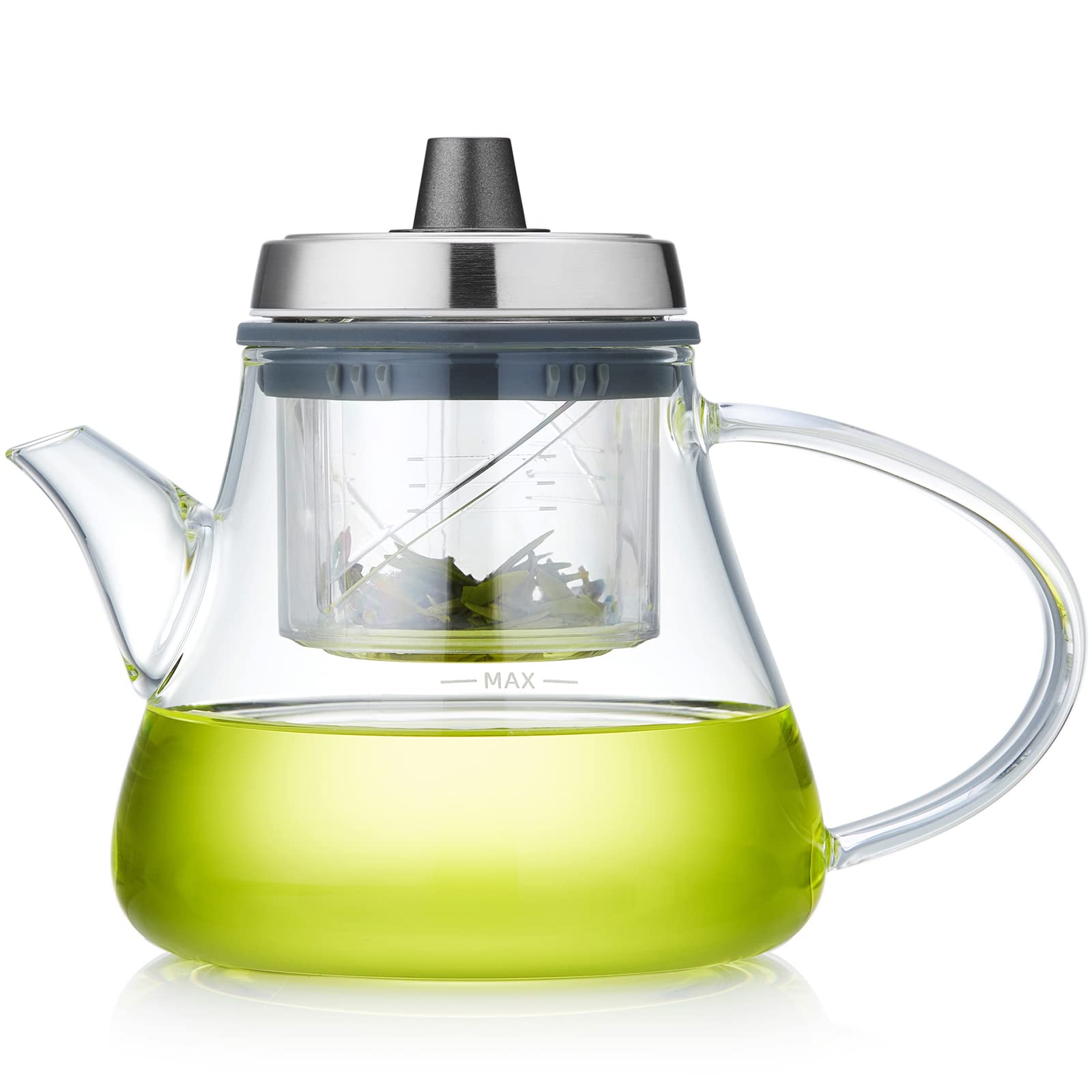 

Pokaro Tea Heat-Resistant Glass Teapot with Lift-Up Strainer, 900ml Full Capacity, Transparent Kettle with Rear Handle, Stovetop-Safe, Perfect for