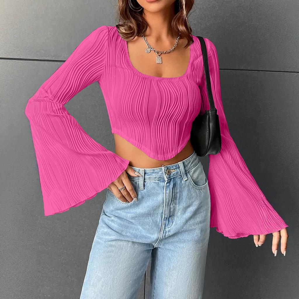 European and American new women's clothing solid color U-neck exposed navel thin fashion horn long-sleeved top sexy short T-shirt women