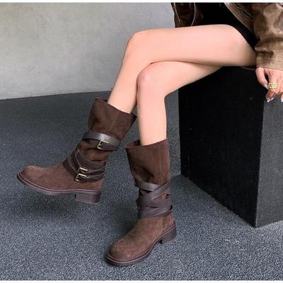Moda Nowa Moda Styl Retro Kobiety Kowbojki Western Modne Eleganckie Buty z Paskami Krzyżowymi i Klamrą Pasek Niski Obcas Damskie Kozaki do Połowy Łydki