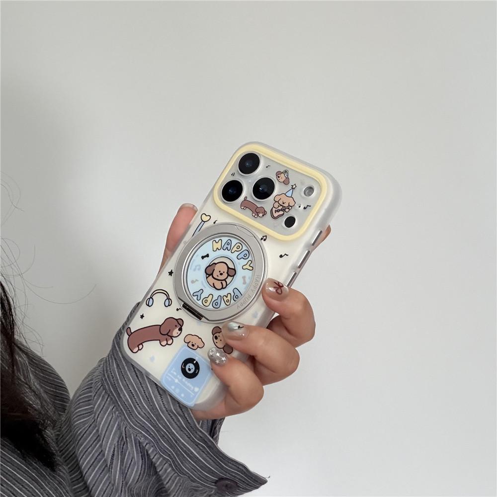 INS Style Cartoon Sausage Dog Rotating Stand Phone Case for iPhone 15/16PM/17Pro - Drop-Proof Design