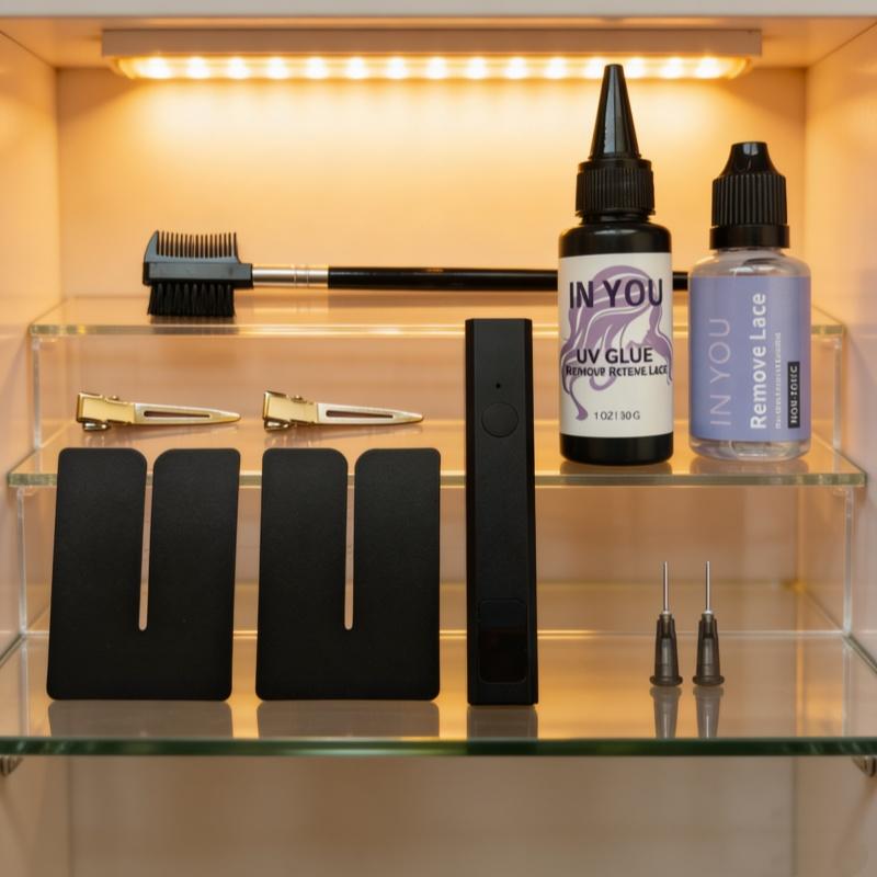 

Complete UV Hair Extension Tool Kit with Fast-Cure Lamp, 30g Invisible Glue & Remover, Eyebrow Comb for DIY Hair & Lash Extensions A set