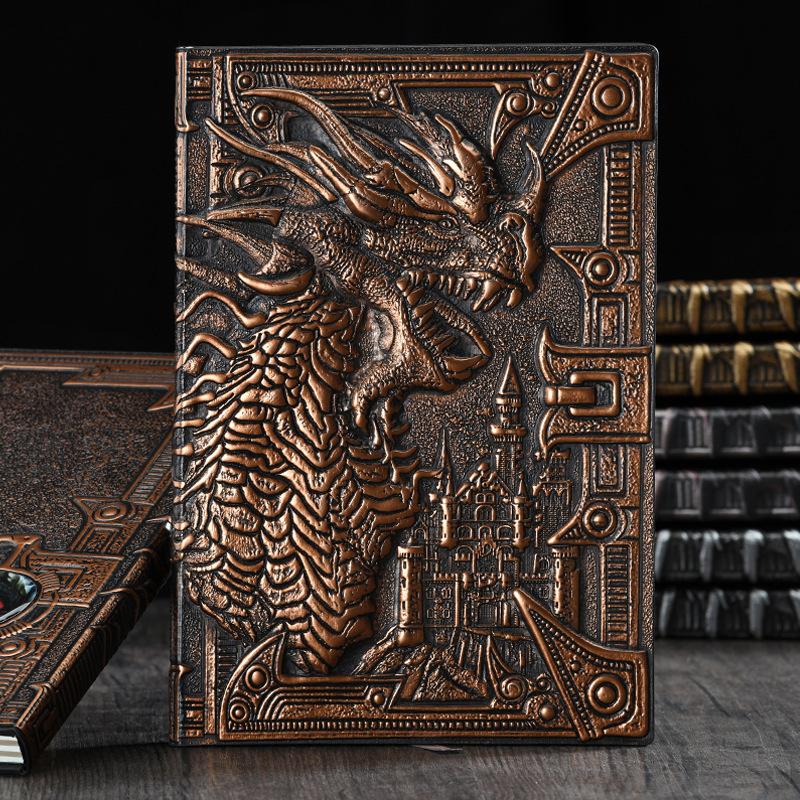 Evil Dragon Cross-border Retro Embossed Hardcover Imitation Leather Notebook Dinosaur European-style Notepad Three-dimensional (as the picture,A5)