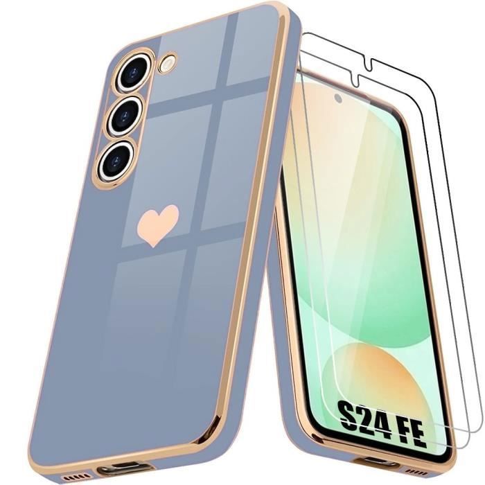 Coque pour Samsung Galaxy S24 FE (pas pour S24) - Antichoc en SiliconeBleu, Motif Luxe Cœur + 2 Verres Trempés