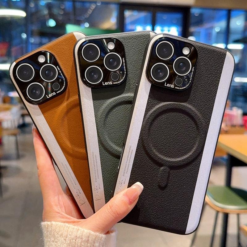 Hit Color Leather Strong Magnetic Case For iPhone 14 15 16 Pro Max Plus Coque Business Metal Camera Protection Shockproof Cover