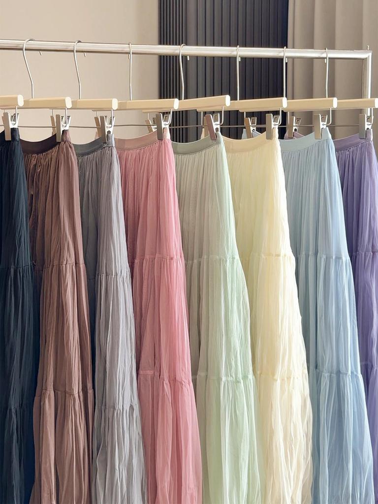 Korean-Style Pleated Elastic Waist Skirt - Women's Spring/Autumn, Slim Fit, Large Hem