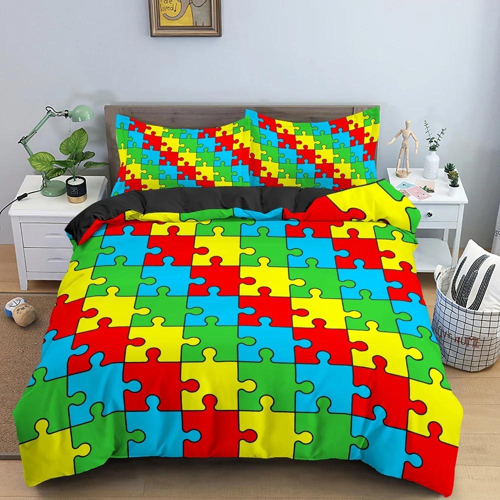 3D Print Colorful Puzzle Duvet Cover King Queen Geometric Figure Quilt Cover Simple Polyester Bedding Set for Kids Boys Girls