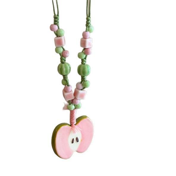 Pink Ceramic Apple Beaded Necklace for Women – High-End Niche Design Clavicle Chain with Personalized Pendant