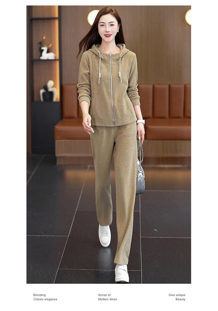 Women's Autumn Hooded Cardigan and Wide-Leg Pants Set: Casual, Slimming, Body-Concealing, Two-Piece Sportswear.