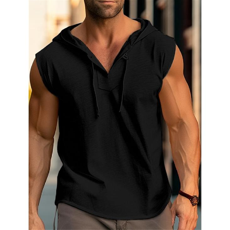Men's Sleeveless Casual T-Shirt Fitness Sports Drawstring Solid Color Hooded Vest Top