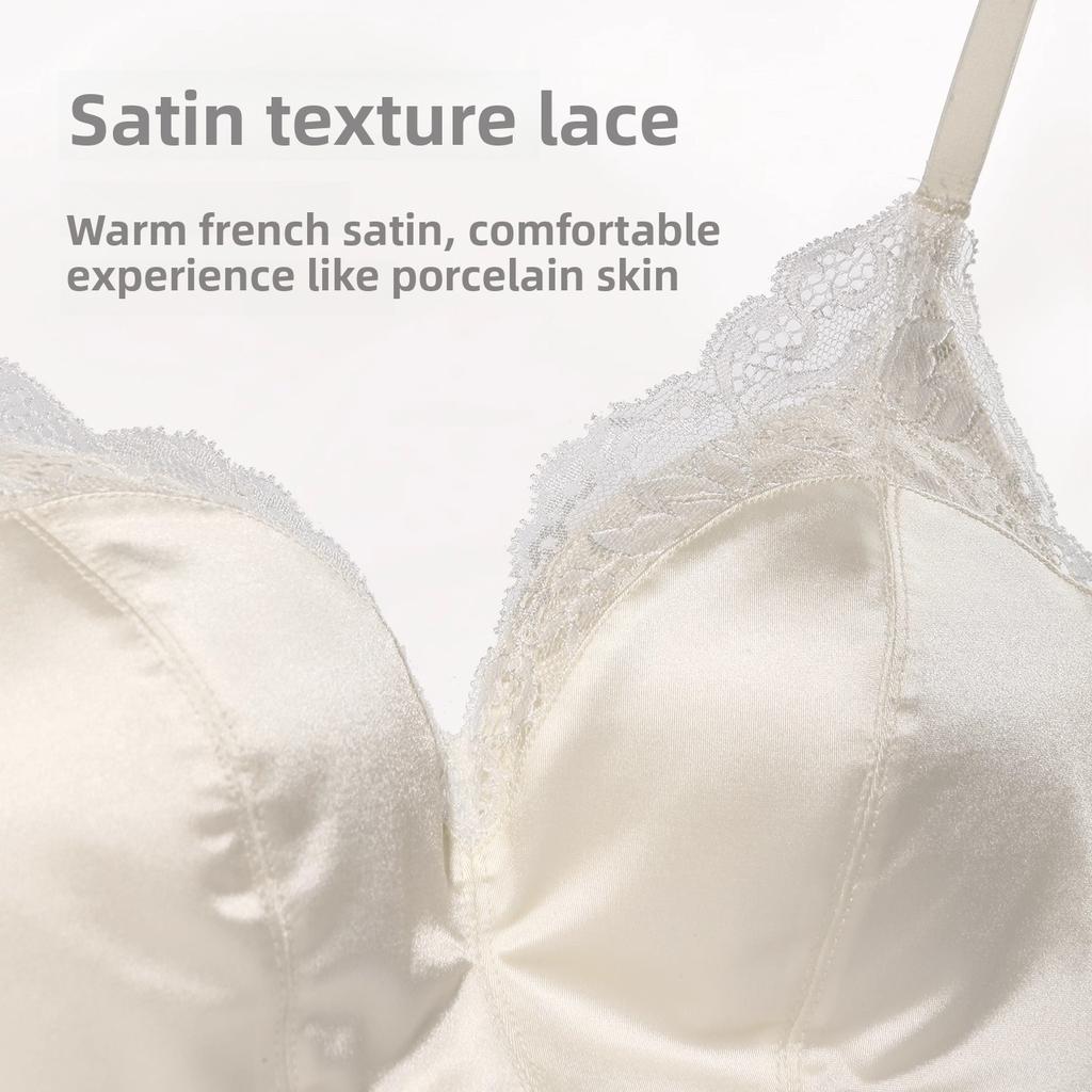 Ladies Summer Thin Sexy Lace Satin Small Bosom Gathering Show No Underwire To Receive Pair of Milk Underwear
