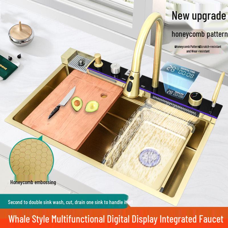Golden Whale 304 Stainless Steel Digital Display Kitchen Sink - Large Single Bowl for Dishwashing and Vegetable Washing