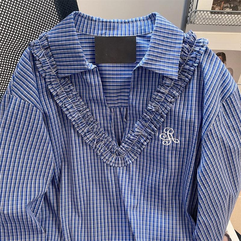 Lace Plaid Women's Shirt Blue Waist Cinched V-neck Slimming Blouse Spring Autumn Long Sleeved Woman Casual Trendy Top
