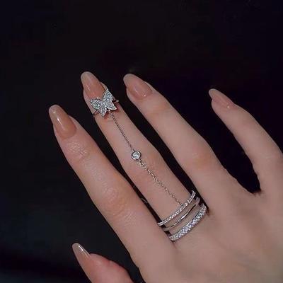 Fashion Silver Color Diamond Butterfly Chain Ring For Women Men Pink Heart Key Lock Tassel Finger Rings Set Trendy Jewelry Gift