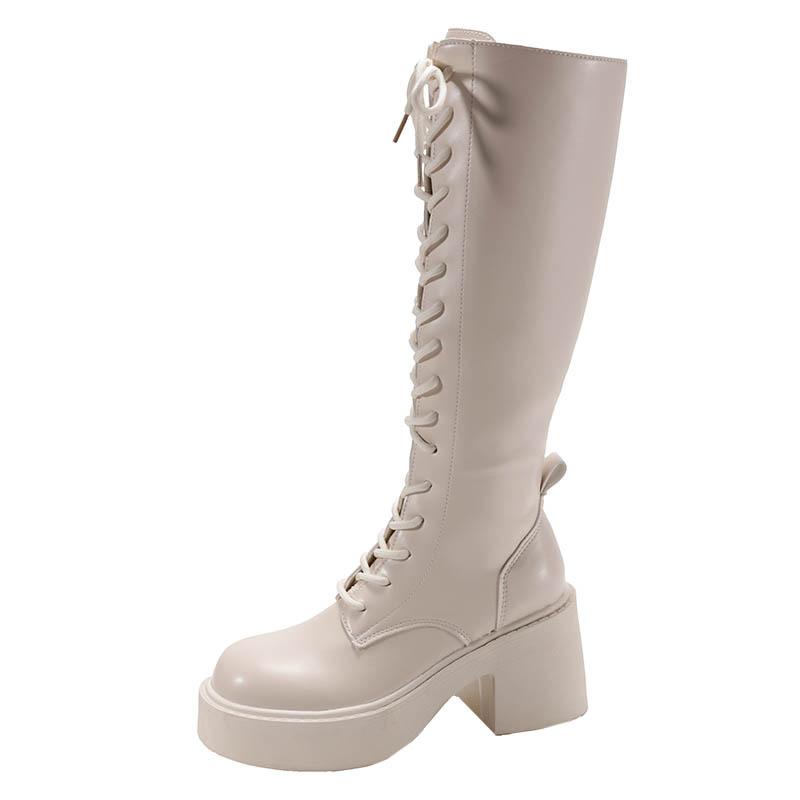Beige British style thick heel lace-up platform boots women's 2025 new spring and autumn season height-increasing and thin knight boots