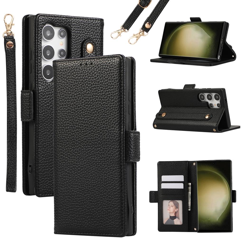 For Samsung Galaxy S23 Ultra Leather Case with Card Holder, Straps, Shockproof Wallet Phone Cover