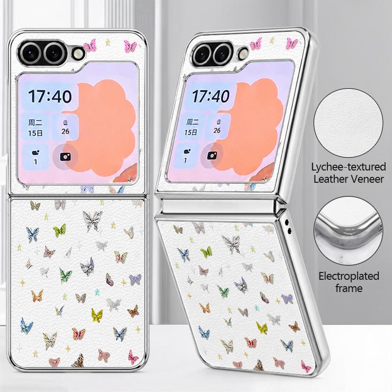 Colorful Butterfly Pattern Case For Samsung Galaxy Z FlIP 7 FE 6 5 Plating PC+PU Leather Hybrid Folding Cover For Samsung Z Flip7 Flip6 Flip5