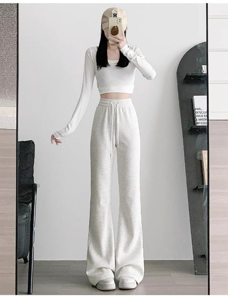 Petite Gray Micro Flare Sweatpants - High Waist, Draped American Style for Spring & Autumn (145)