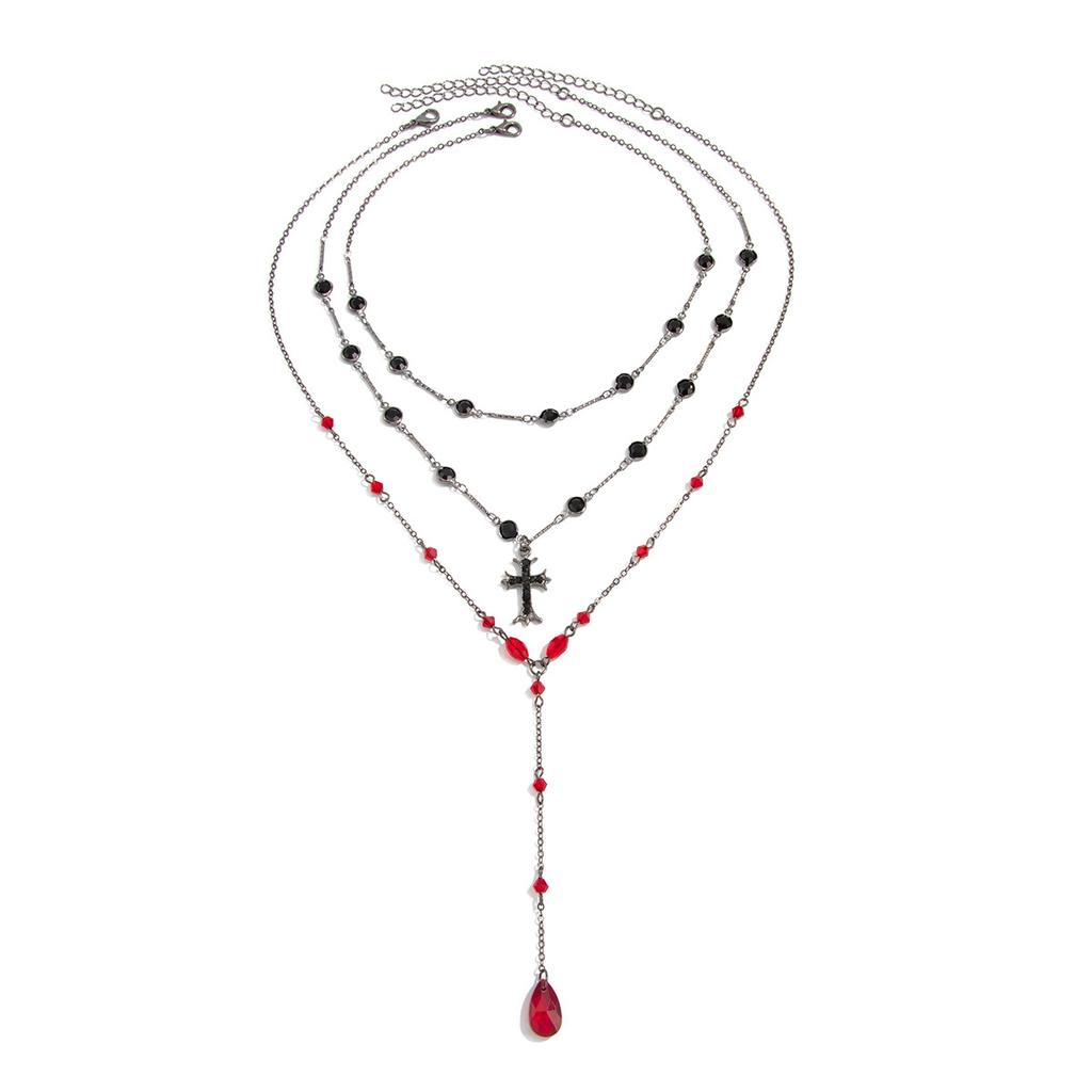 Gothic Dark Wind Cross Pendant Necklace, Fashion Crystal Chain Fringed Collarbone Chain Necklace