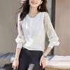 Spring and summer knitted splicing chiffon long-sleeved shirt top shirt