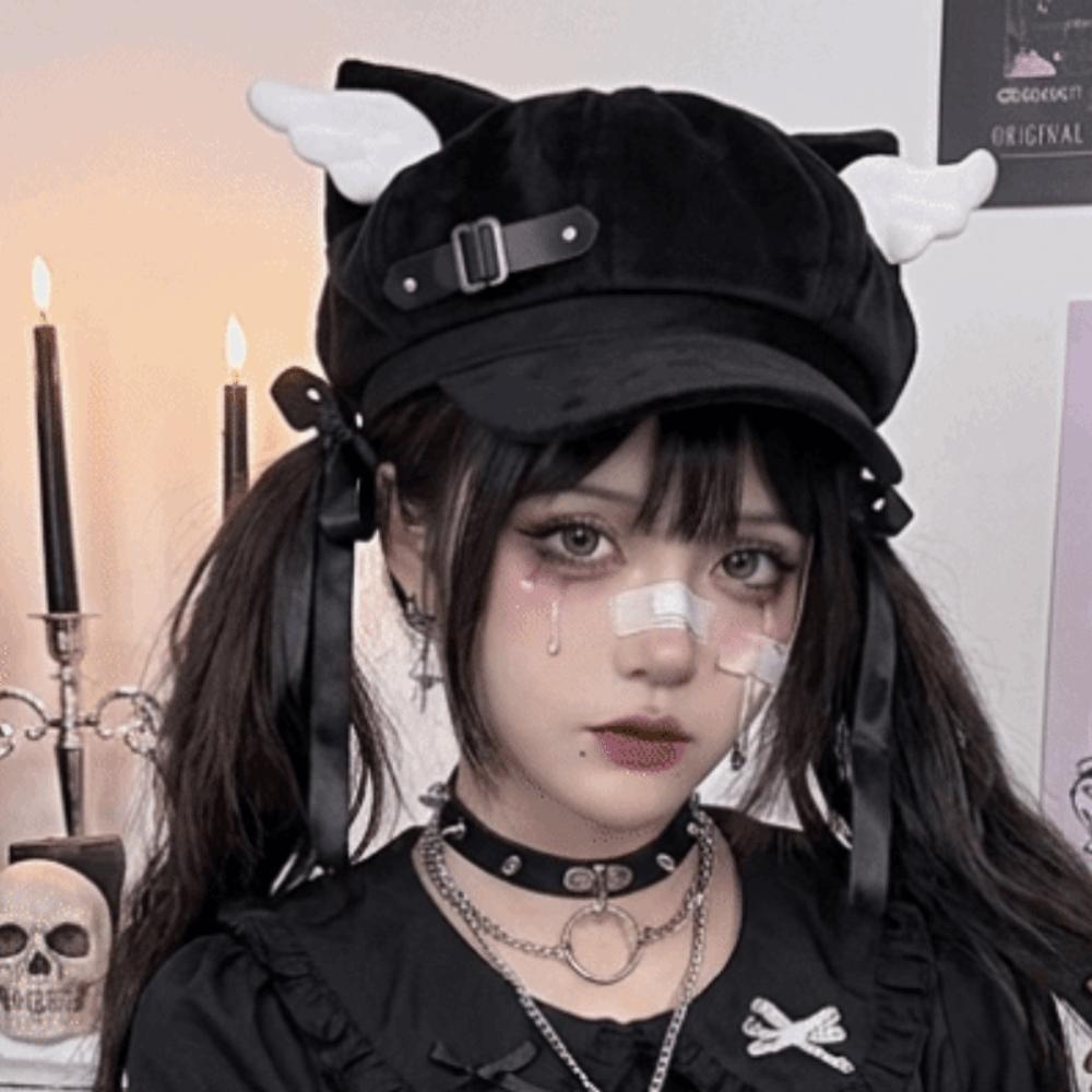 Leather Buckle Newsboy Cap Mini Wing Decor Streetwear Hat Harajuku Cat Ear Beret Hat  Daily