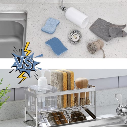 TATIU Sponge Holder, Kitchen Sponge Holder, Water Flowing, Rustproof, Stainless Steel, Scrubber Holder, Kitchen, Bathroom, Storage, Movable Divider, D