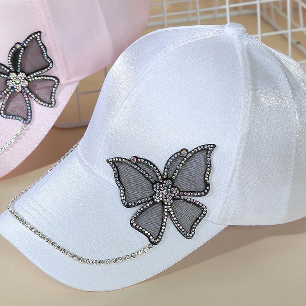 Fashion Women Rhinestone Butterfly Baseball Hat, Shiny Satin Sun Cap with Crystal Brim Decoration, Adjustable Elegant Casual Peaked Visor Hat