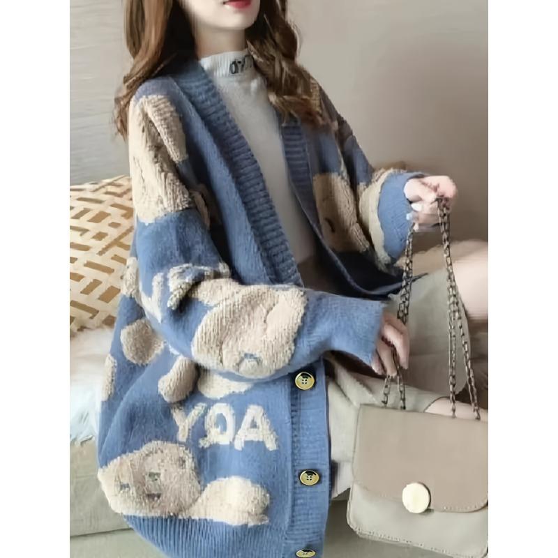 Monogrammierte Strickjacke mit V-Ausschnitt, Lässige Strickjacke mit Knopfleiste vorne, Langarm, Winter/Herbst, Damen M Pulloverjacke