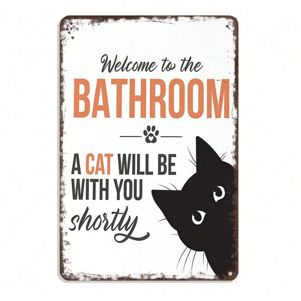 Funny Cat Bathroom Metal Sign Vintage Black White Retro Tin Poster 8x12 Inch Wall Decor